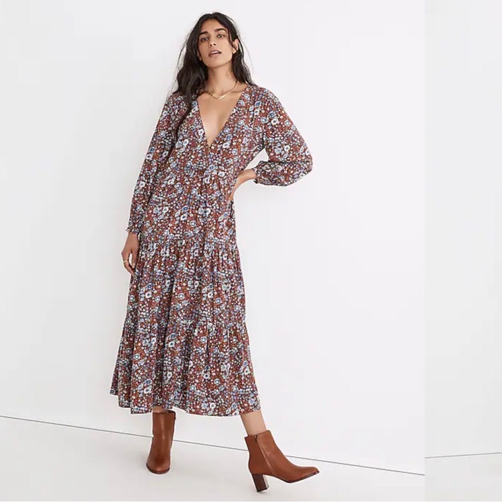 Madewell Challis Wrap Midi Dress in Woodland Floral Dark Merlot Size XXS